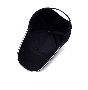 Detail of black baseball cap interior with reinforced stitching and white brim piping