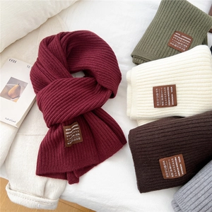 Women Long Striped Knit Scarf Thick Warm Vertical Ribbed Winter Scarf Soft Neck Warmer With Decorative Label Fashion Scarf