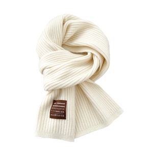 Minimalist cream knit striped scarf with premium handmade wool decorative label for winter
