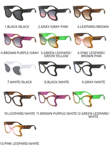 Grid display of butterfly-shaped sunglasses in thirteen diverse frame colors and lens tints