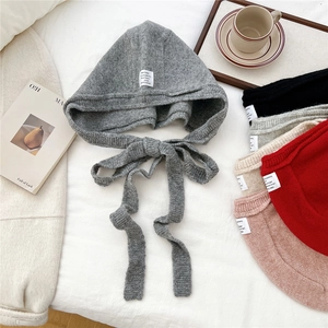 Knitted balaclava hood with neck warmer and drawstring ties in various winter colors