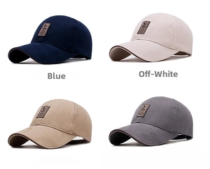 Grid view of cotton baseball caps in blue, beige, and grey with leather golf patch