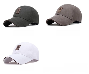 Detail view of cotton baseball caps in army green, light coffee, and white with leather patch