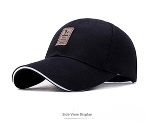 Detail view of cotton baseball cap with leather logo patch and white brim trim