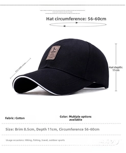 Detailed chart showing black cotton baseball cap size: 56-60cm circumference and 8.5cm brim
