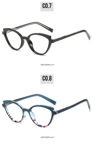 Detail view of retro cat-eye TR90 frames in black and blue-purple floral patterns