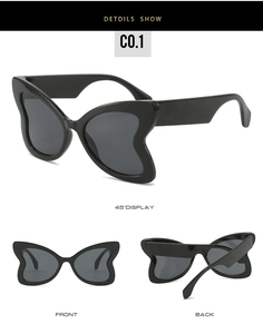 Three-view layout of oversized butterfly sunglasses with black frame and dark grey lenses