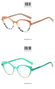 Detail view of cat eye TR90 glasses frames in gradient orange and mint green colors
