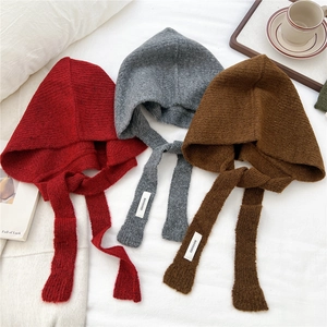Winter knitted balaclava beanies in red, grey, and brown with integrated scarf ties