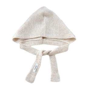 Minimalist knit hooded scarf and neck warmer set in warm oatmeal ribbed knit wool