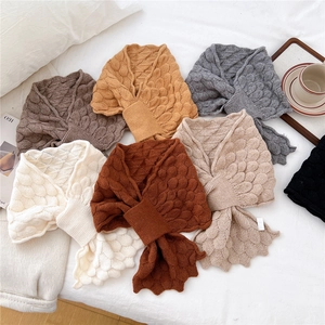 Knitted Scarf Japanese Style Winter Neck Warmer Cross Over Slot Fish Scale Pattern Solid Color Warm Chic Elegant