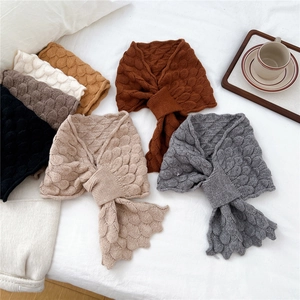 Cross-over knit scarf with fish scale texture in multiple colors for winter