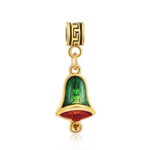 Golden Christmas bell pendant with red and green enamel for DIY jewelry making