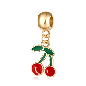 Christmas cherry charm with red enamel and green leaves for DIY jewelry making