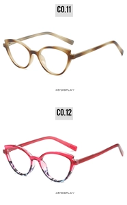 Detailed 45-degree view of cat-eye TR90 frames in tortoiseshell and red gradient colors