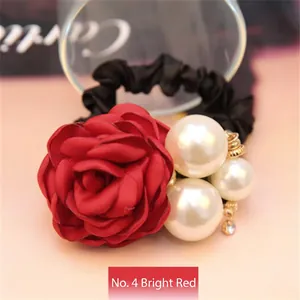 Elegant red rose hair tie with pearls and silk scrunchie band for women's fashion