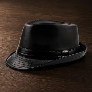 Classic black PU leather fedora hat featuring a stylish curved brim and textured finish