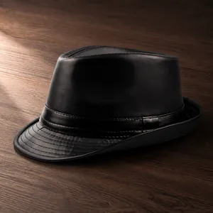 Cappello fedora classico in pelle PU nera con tesa curva elegante e finitura testurizzata
