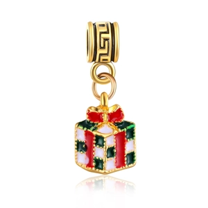 Christmas gift box bead charm with red green enamel and gold finish for DIY bracelets