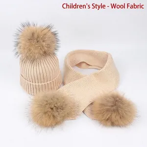 Kids Knitted Wool Hat And Scarf With Raccoon Fur Pom-poms Thick Warm Winter Ribbed Knit Hat And Scarf For Boys Girls