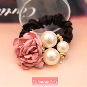 Elegant Korean style dusty pink fabric flower hair tie with pearls and gold accents