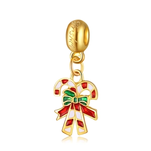 Golden Christmas candy cane charm with red enamel bow and shining engraving