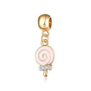 Golden Christmas lollipop pendant with pink enamel and sparkling zircon stones