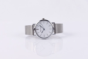 Detailed close-up of Geneva mesh strap watch with minimalist silver case and white dial
