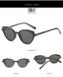 Three-view display of black cat-eye TR90 sunglasses showing front and side angles