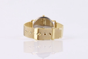 Detail view of the gold Milanese mesh strap and buckle of this minimalist quartz watch