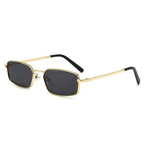 Retro small square metal frame sunglasses with grey lenses and gold finish in 45-degree view