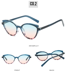 Detailed views of cat-eye sunglasses with transparent blue-purple frames and gradient lenses