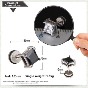 Detailed view of square-cut black zircon stud earrings with precise dimensions in millimeters