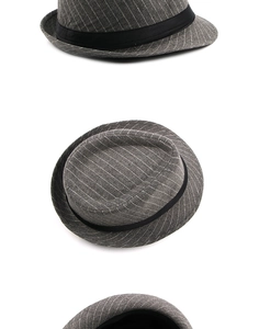 Three views of dark gray pinstripe fedora hat with black band on white background