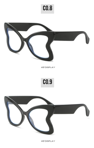 45-degree angle view showing the butterfly-shaped black frames of creative sun glasses