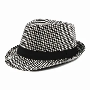 Classic men's houndstooth fedora hat featuring a stylish black ribbon band detail