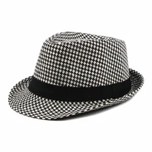 Cappello fedora classico da uomo con motivo pied de poule e nastro nero elegante