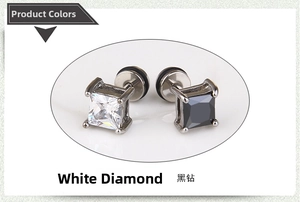 Close-up of square black and white zircon stud earrings with secure screw-back design