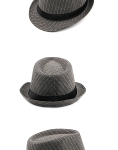 Three-angle views of grey striped fedora hat with a black decorative ribbon band