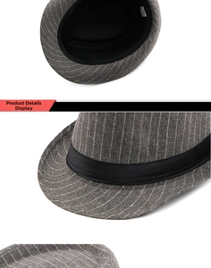 Detail view of grey striped felt fedora with black satin band and inner lining structure