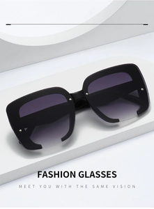 Detail view of square black frames with purple gradient lenses and metal stud accents