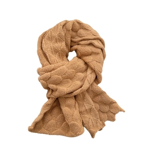 Caramel knitted fish scale pattern winter scarf with thick ribbed texture for warmth