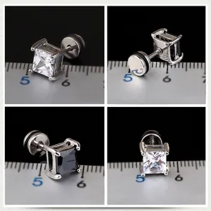 Titanium steel square zircon stud earrings in black and white with 4-prong setting