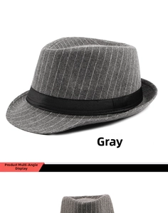 Detailed views of grey pinstripe jazz hat with black ribbon band from multiple angles