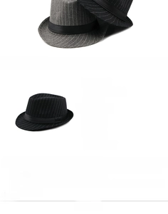 Detailed measurement guide for men's striped fedora showing size M and 56-58cm circumference