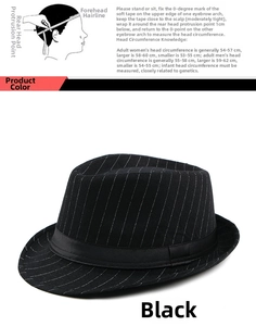 Detailed size guide for black striped fedora hat showing head measurement steps