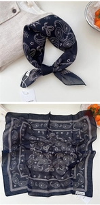 Detail of navy blue paisley cotton linen square scarf with premium stitched edges
