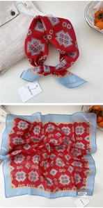 Detail view of retro red cotton linen square scarf with blue geometric diamond pattern