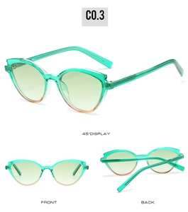 Three-view display of green cat-eye sunglasses with gradient lenses and TR90 frame