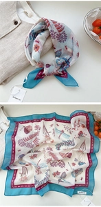 Close-up of floral cotton linen square scarf with dragonfly print and blue border